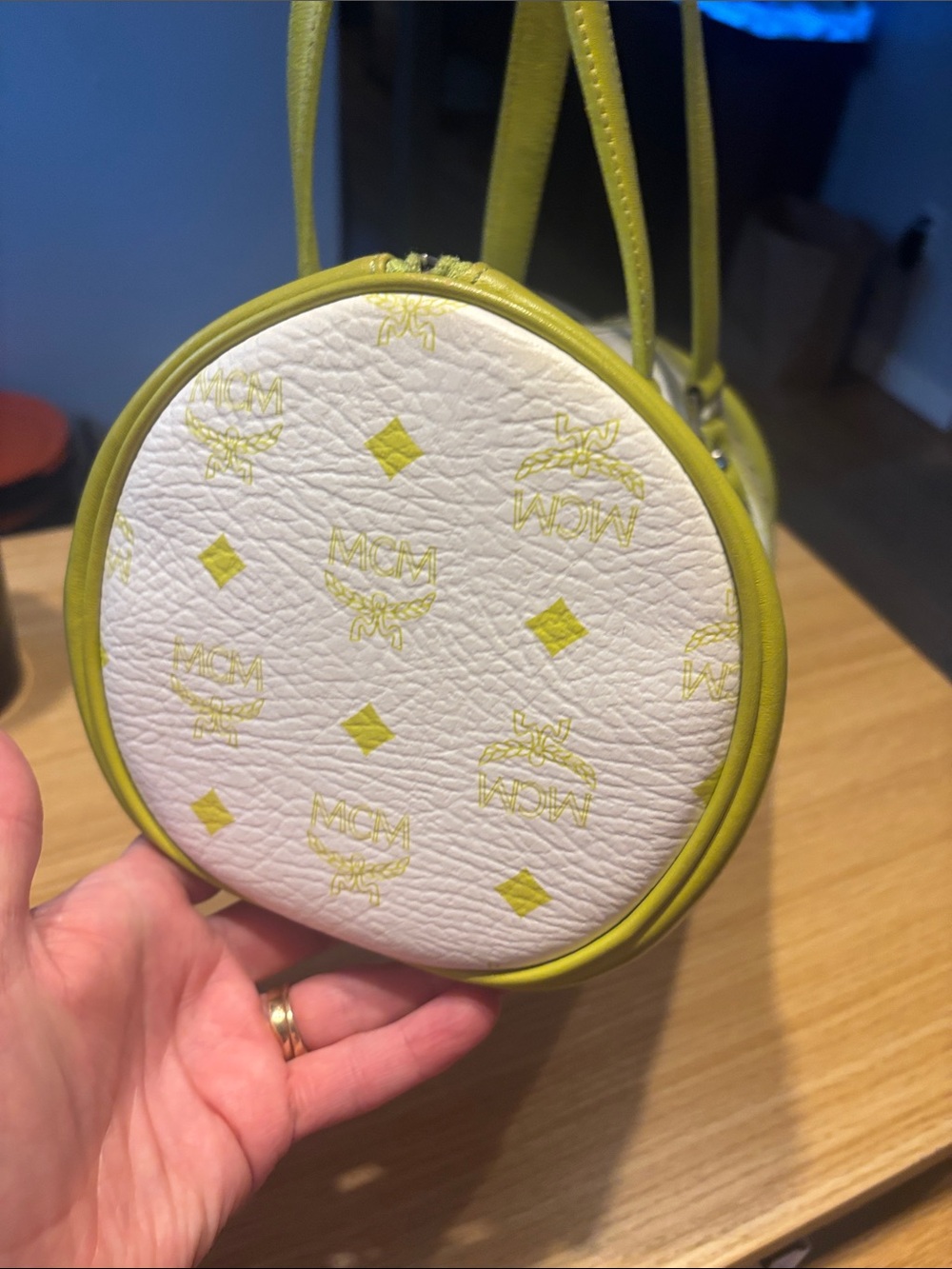 MCM limited edition suede stripes suede inside white and Lime Barrel Satchel - Picture 7 of 17